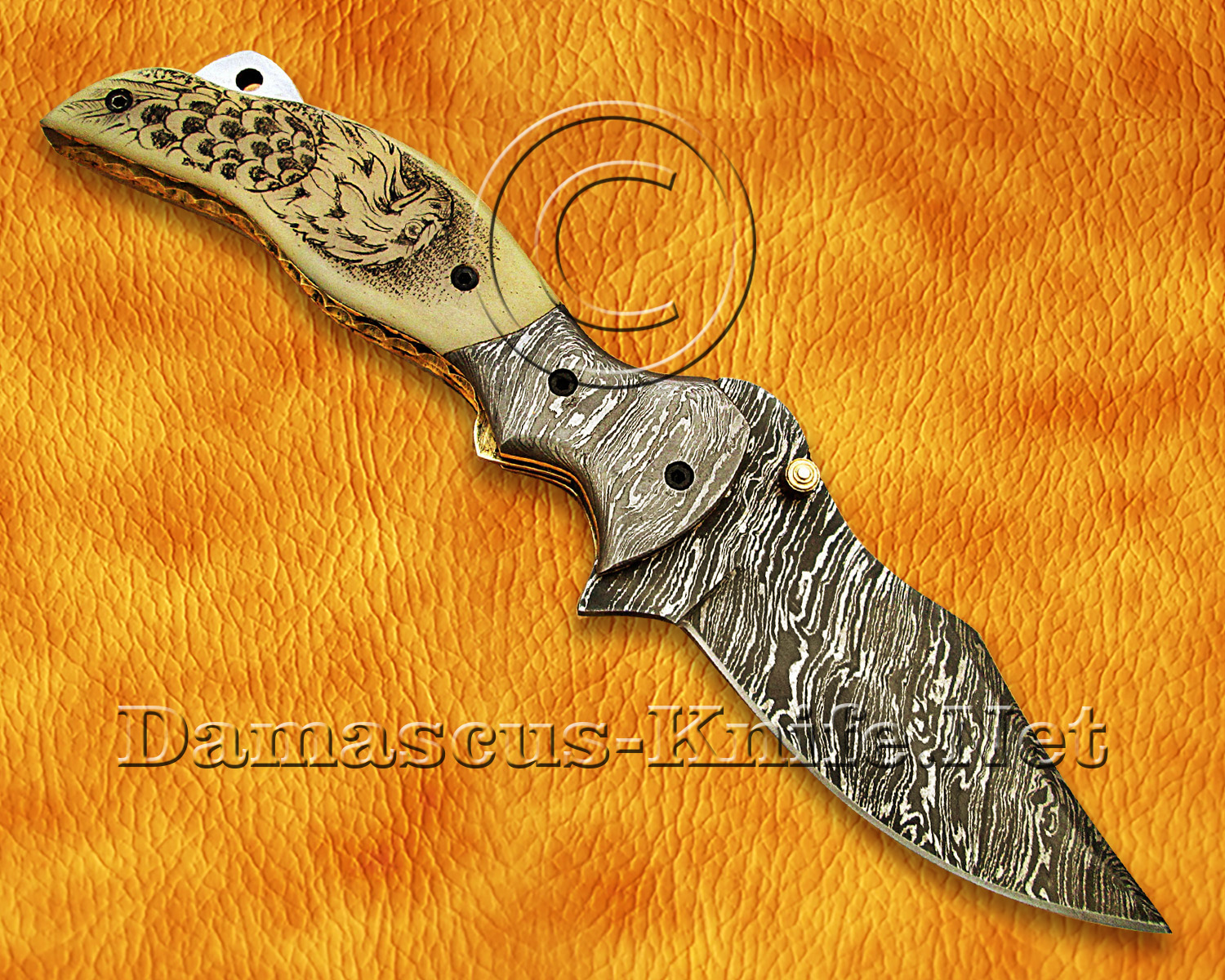 Personalized Scrimshaw Damascus Folding Knife - Bone Handle - FK770 Personalized Scrimshaw Damascus Folding Knife - Bone Handle - FK770