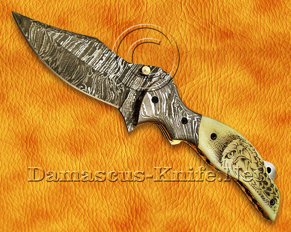 Personalized Scrimshaw Damascus Folding Knife - Bone Handle - FK770