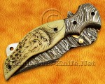Personalized Scrimshaw Damascus Folding Knife - Bone Handle - FK770 Personalized Scrimshaw Damascus Folding Knife - Bone Handle - FK770