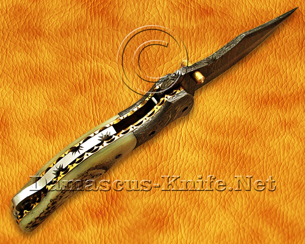 Personalized Scrimshaw Damascus Folding Knife - Bone Handle - FK770