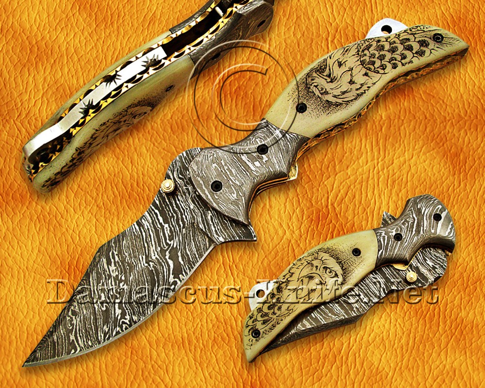 Personalized Scrimshaw Handmade Damascus Steel Arts and Crafts Pocket Folding Knife Bone Handle - DFK770