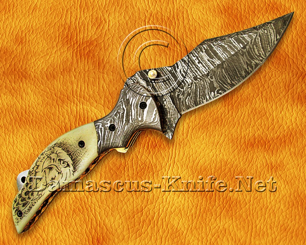 Personalized Scrimshaw Handmade Damascus Steel Arts and Crafts Pocket Folding Knife Bone Handle - DFK770 Personalized Scrimshaw Handmade Damascus Steel Arts and Crafts Pocket Folding Knife Bone Handle - DFK770