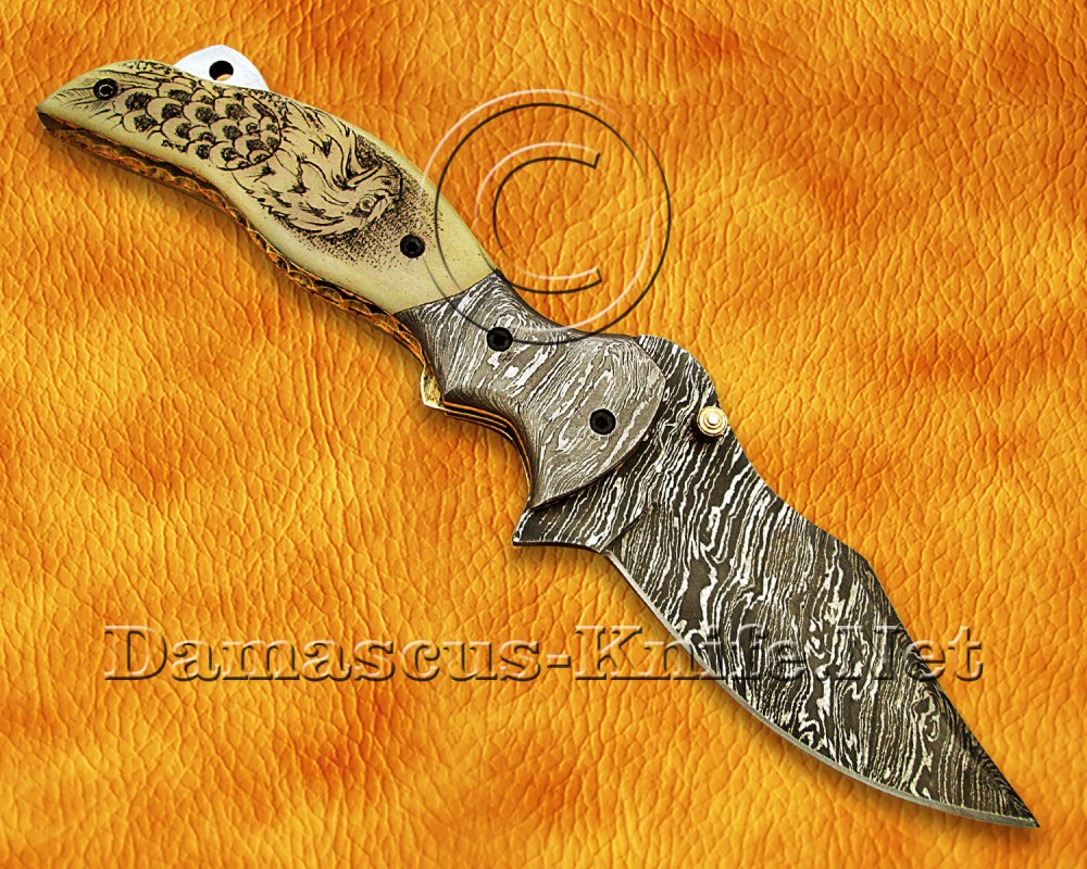 Personalized Scrimshaw Handmade Damascus Steel Arts and Crafts Pocket Folding Knife Bone Handle - DFK770 Personalized Scrimshaw Handmade Damascus Steel Arts and Crafts Pocket Folding Knife Bone Handle - DFK770