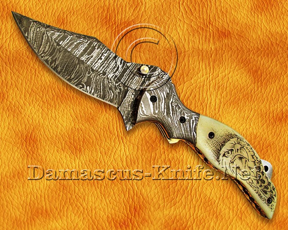 Personalized Scrimshaw Handmade Damascus Steel Arts and Crafts Pocket Folding Knife Bone Handle - DFK770 Personalized Scrimshaw Handmade Damascus Steel Arts and Crafts Pocket Folding Knife Bone Handle - DFK770