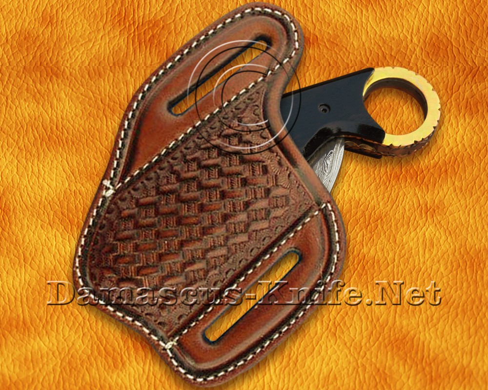 Personalized Damascus Steel Hawkbill Folding Knife - Copper & Bull Horn - FK771