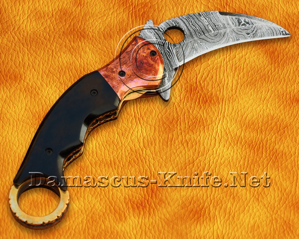 Personalized Damascus Steel Hawkbill Folding Knife - Copper & Bull Horn - FK771
