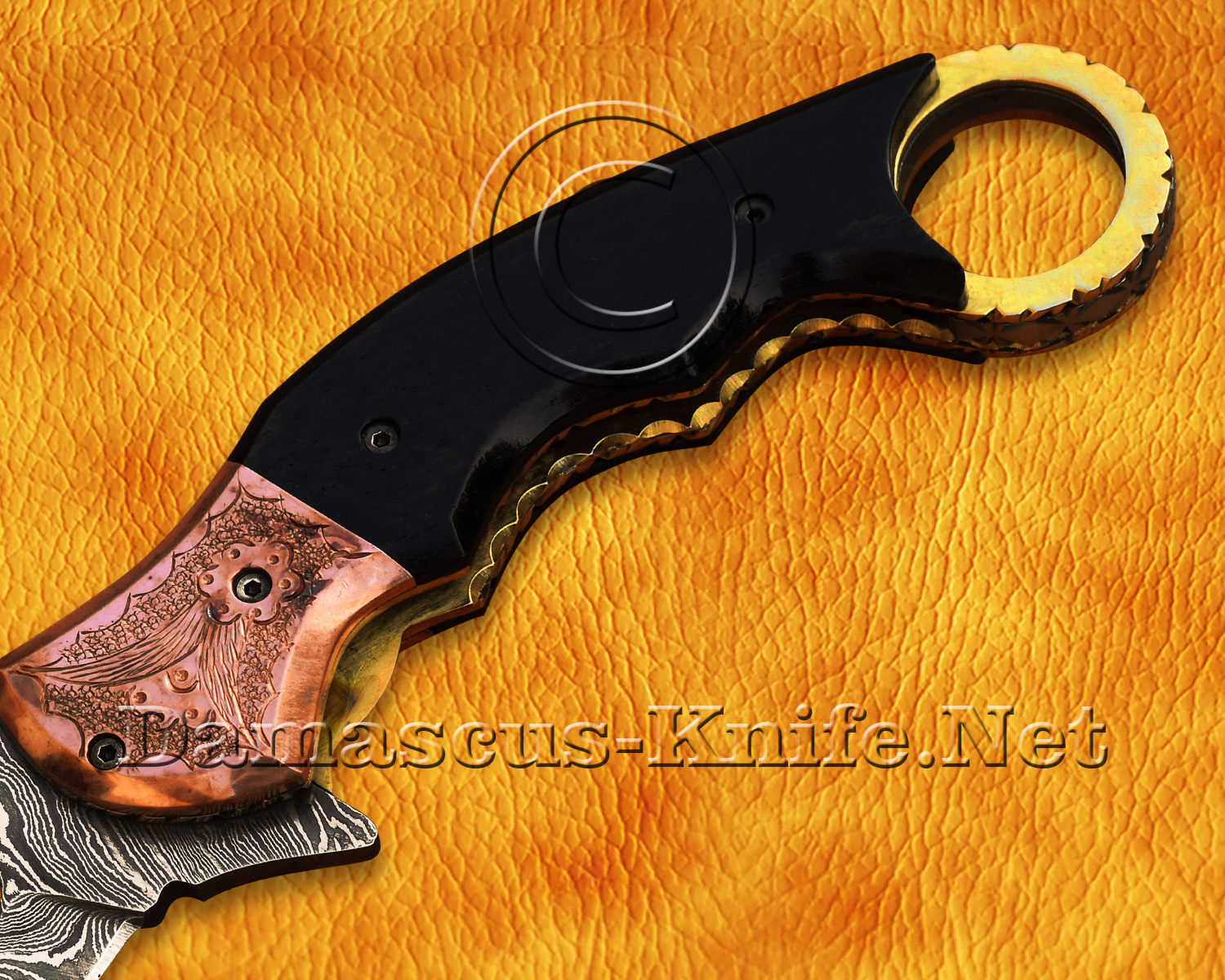Personalized Damascus Steel Folding Artisan Implement - Copper & Bull Horn - FK771 Personalized Damascus Steel Folding Artisan Implement - Copper & Bull Horn - FK771