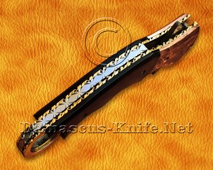 Personalized Damascus Steel Hawkbill Folding Knife - Copper & Bull Horn - FK771