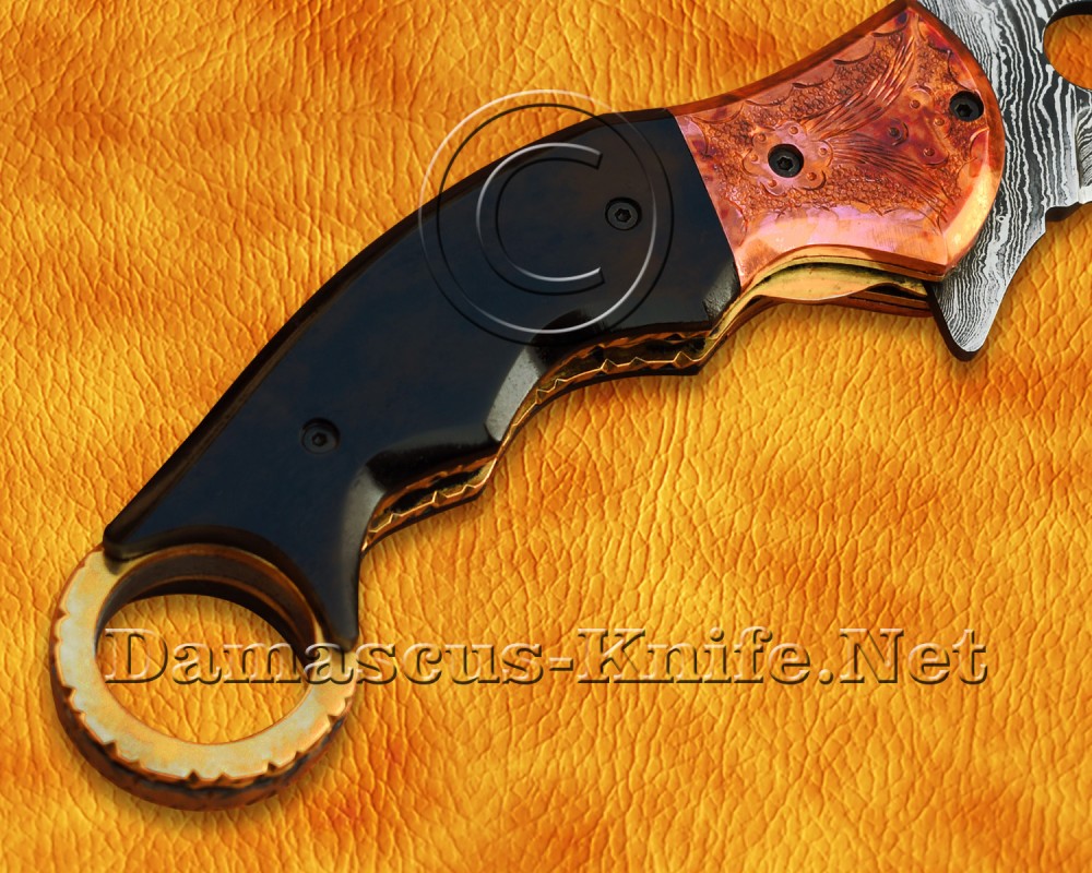 Personalized Handmade Damascus Steel Arts and Crafts Pocket Folding Karambit Knife Copper and Horn Handle