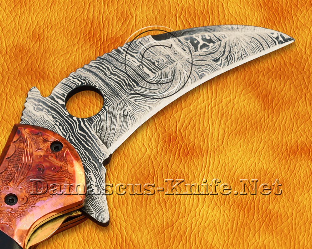 Personalized Handmade Damascus Steel Arts and Crafts Pocket Folding Karambit Knife Copper and Horn Handle