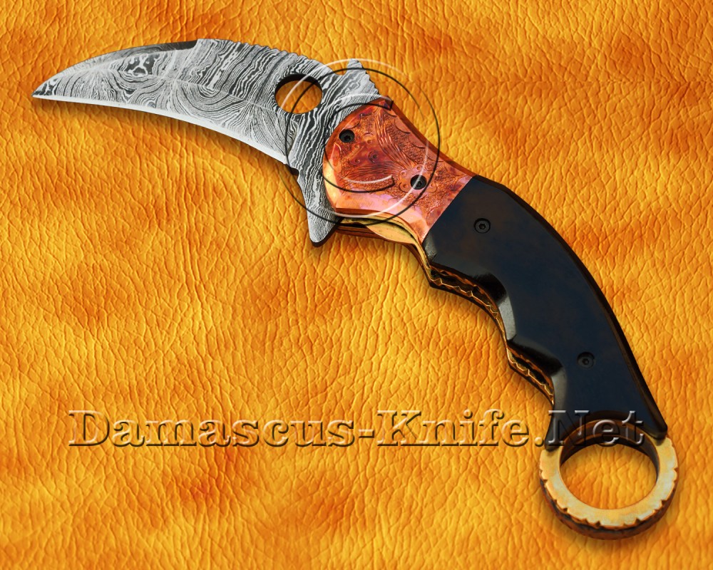 Personalized Handmade Damascus Steel Arts and Crafts Pocket Folding Karambit Knife Copper and Horn Handle