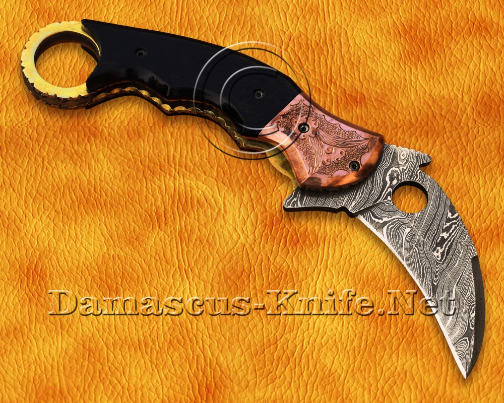 Personalized Handmade Damascus Steel Arts and Crafts Pocket Folding Karambit Knife Copper and Horn Handle