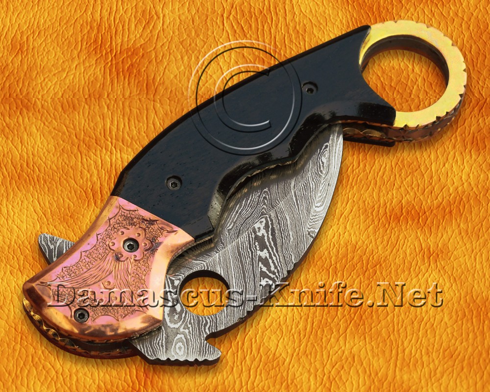 Personalized Handmade Damascus Steel Arts and Crafts Pocket Folding Karambit Knife Copper and Horn Handle
