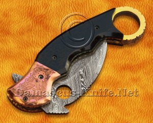 Personalized Handmade Damascus Steel Arts and Crafts Pocket Folding Karambit Knife Copper and Horn Handle Personalized Handmade Damascus Steel Arts and Crafts Pocket Folding Karambit Knife Copper and Horn Handle