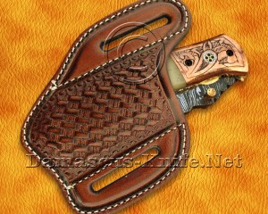 Personalized Scrimshaw Damascus Folding Knife - Copper & Bone - FK772