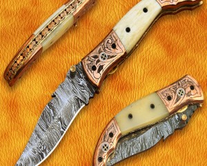 Personalized Scrimshaw Damascus Steel Folding Knife - Copper & Bone Handle - DFK772