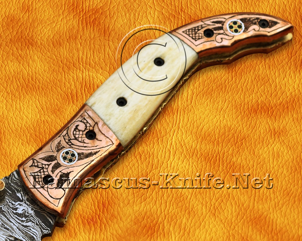 Personalized Handmade Damascus Steel Arts and Crafts Pocket Folding Knife Horn and Bone Handle - DFK772
