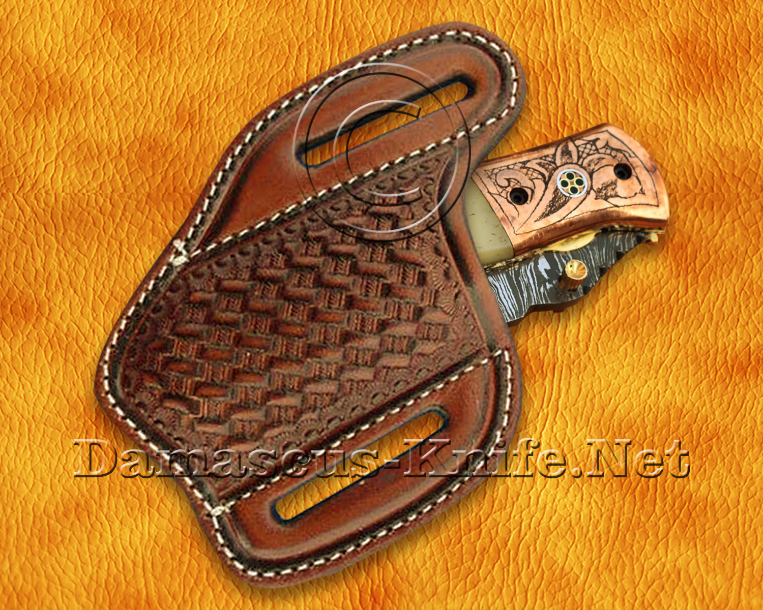 Personalized Scrimshaw Damascus Folding Knife - Bone & Copper - FK804 Personalized Scrimshaw Damascus Folding Knife - Bone & Copper - FK804