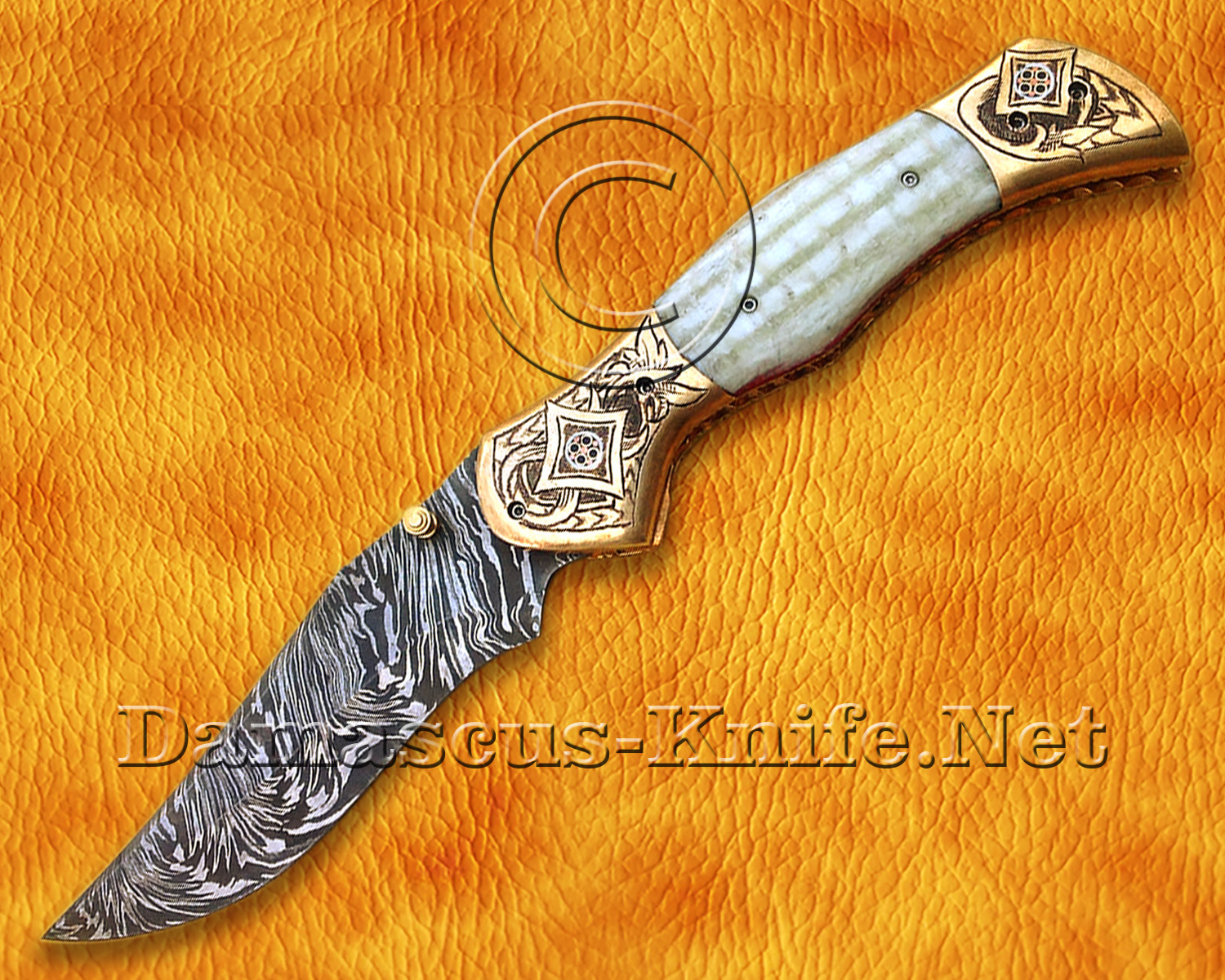 Personalized Scrimshaw Damascus Folding Knife - Bone & Copper - FK804 Personalized Scrimshaw Damascus Folding Knife - Bone & Copper - FK804