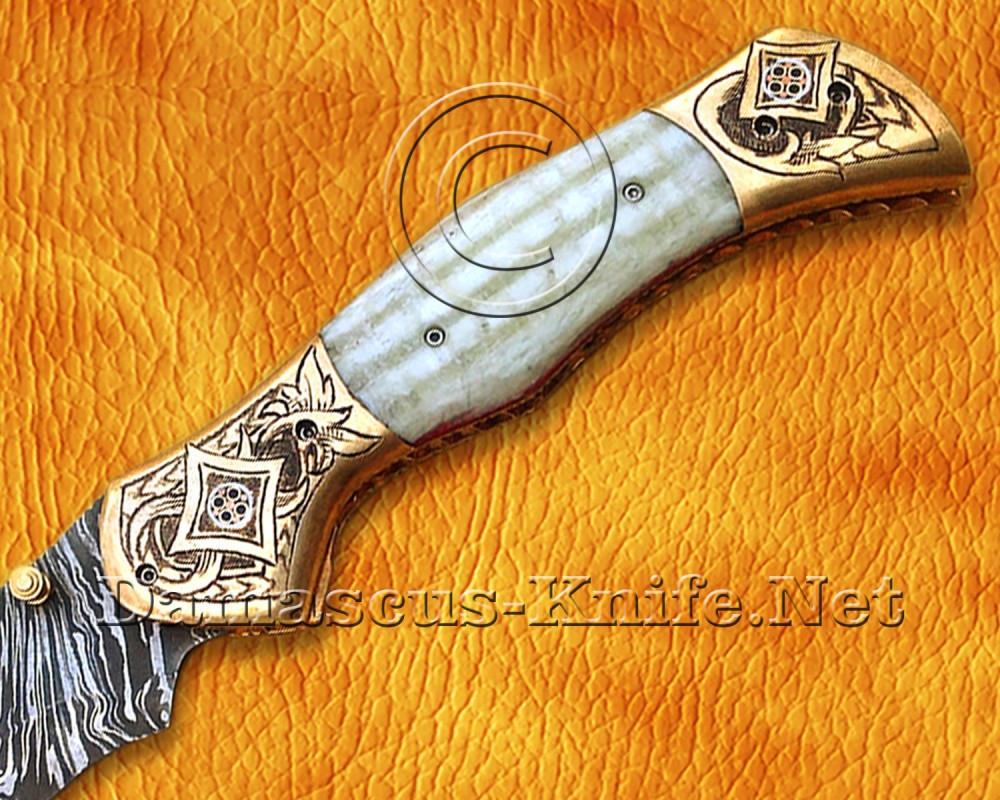 Personalized Scrimshaw Damascus Folding Knife - Bone & Copper - FK804 Personalized Scrimshaw Damascus Folding Knife - Bone & Copper - FK804