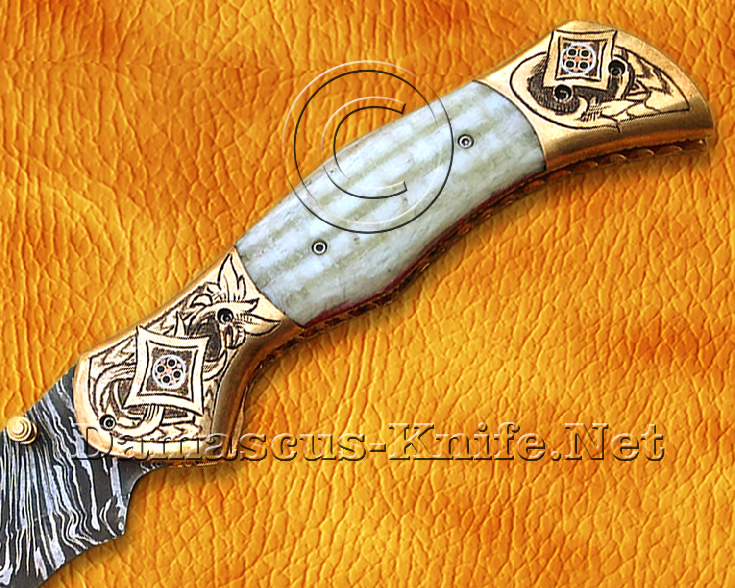 Personalized Scrimshaw Damascus Folding Knife - Bone & Copper - FK804 Personalized Scrimshaw Damascus Folding Knife - Bone & Copper - FK804
