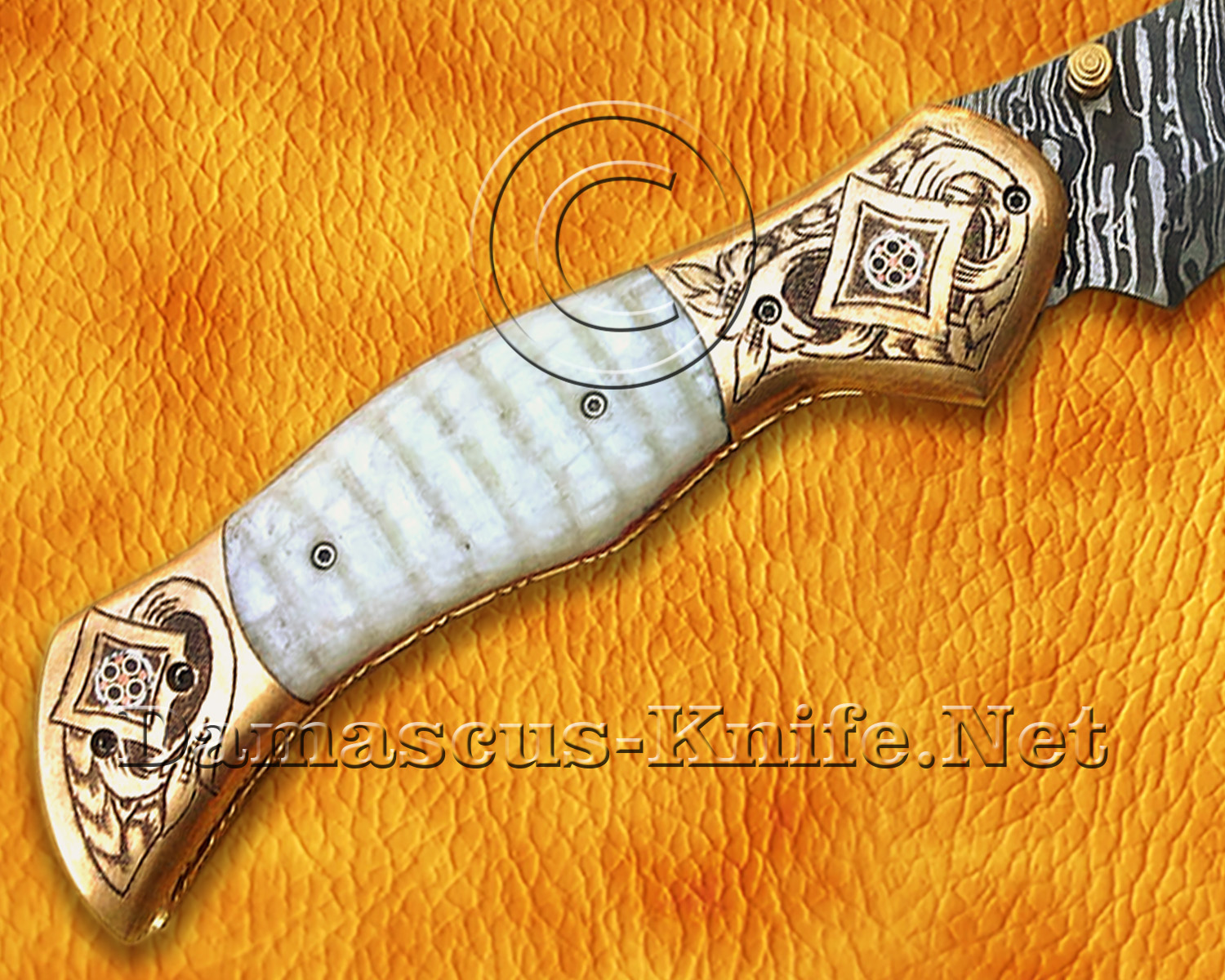 Personalized Scrimshaw Damascus Folding Knife - Bone & Copper - FK804 Personalized Scrimshaw Damascus Folding Knife - Bone & Copper - FK804