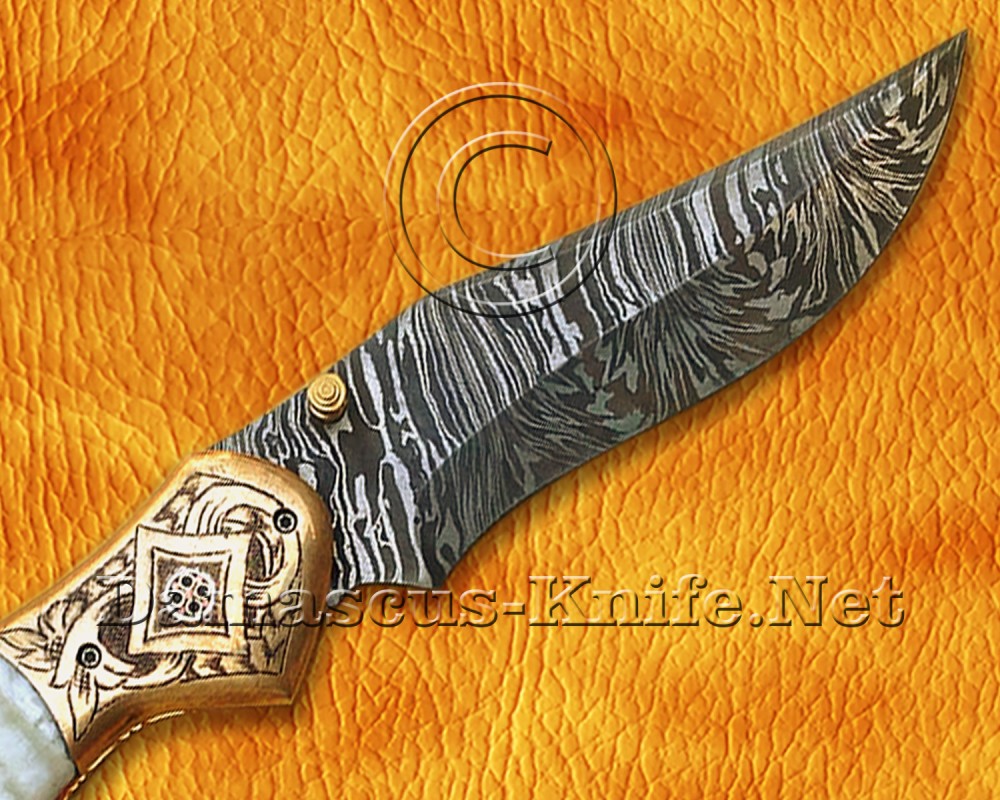Personalized Scrimshaw Damascus Folding Knife - Bone & Copper - FK804 Personalized Scrimshaw Damascus Folding Knife - Bone & Copper - FK804