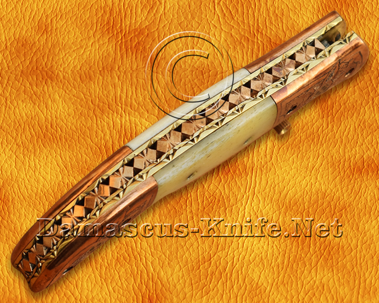 Personalized Scrimshaw Damascus Folding Knife - Bone & Copper - FK804 Personalized Scrimshaw Damascus Folding Knife - Bone & Copper - FK804