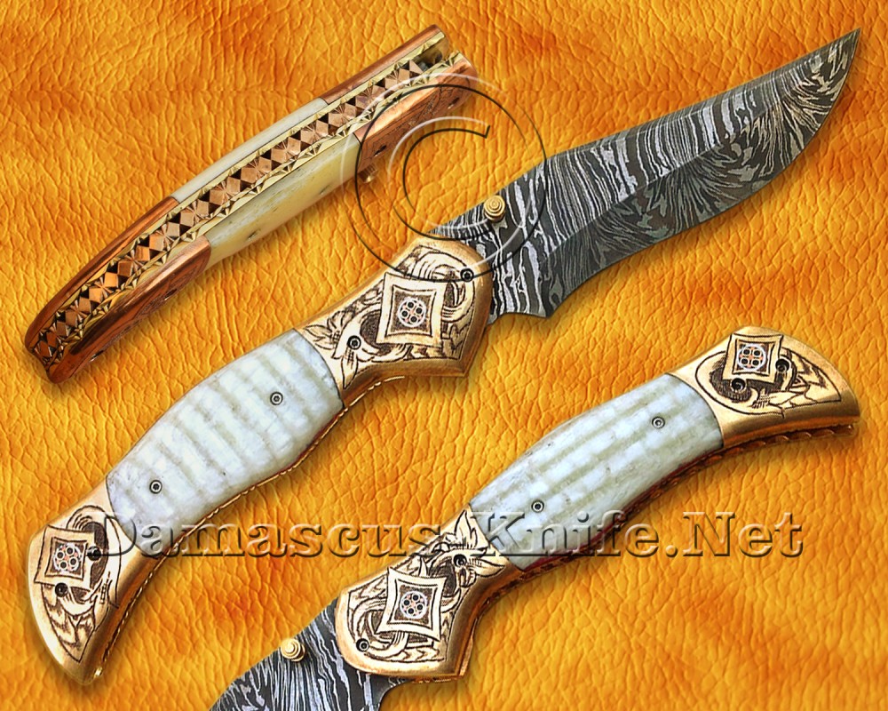 Personalized Scrimshaw Handmade Damascus Steel Arts and Crafts Pocket Folding Knife Bone Handle - DFK804