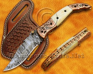 Scrimshaw Damascus Folding Implement - Bone & Copper Bolsters - FK808