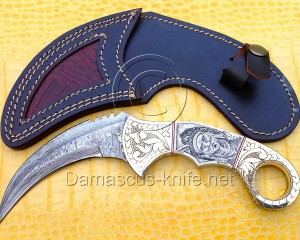Custom Handmade Damascus Steel Curved Hawkbill Knife - Scrimshaw Bone Handle - DKK721