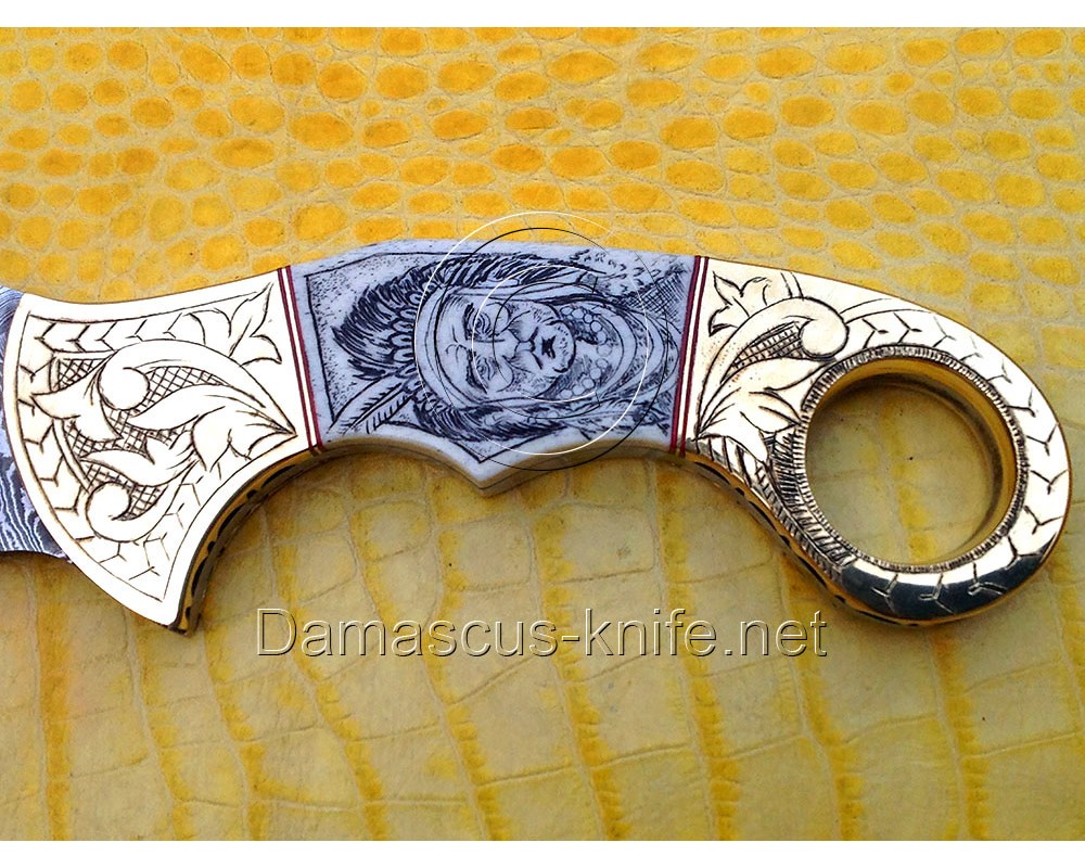 Custom Handmade Damascus Steel Curved Hawkbill Knife - Scrimshaw Bone Handle - DKK721 Custom Handmade Damascus Steel Curved Hawkbill Knife - Scrimshaw Bone Handle - DKK721