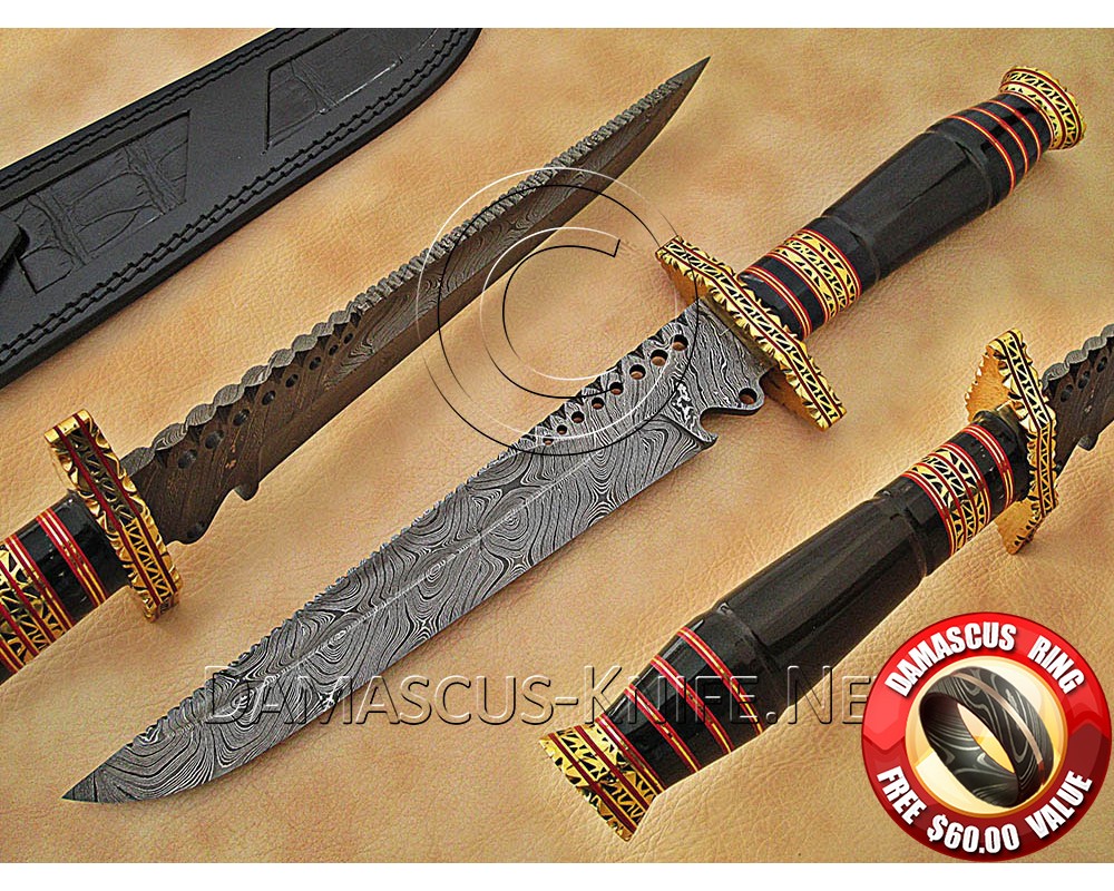 Personalized Handmade Damascus Steel Arts and Crafts Hunting and Survival Bowie Knife Horn Handle - DHK888