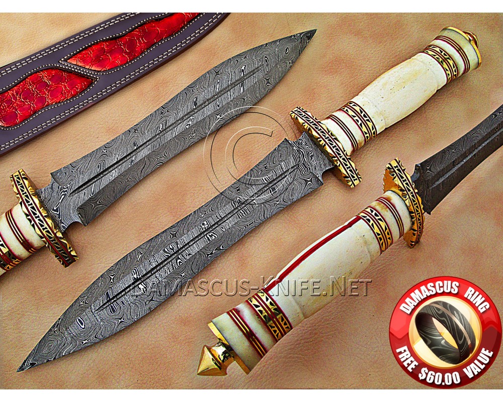 Personalized Handmade Damascus Steel Arts and Crafts Hunting and Survival Dagger Knife Bone Handle - DHK890