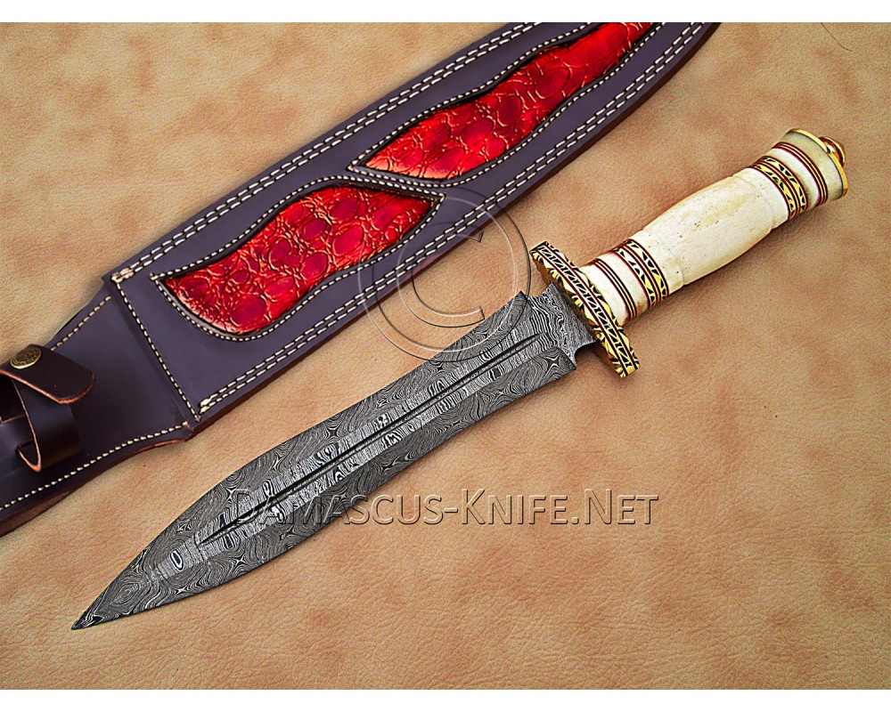 Personalized Handmade Damascus Steel Arts and Crafts Hunting and Survival Dagger Knife Bone Handle - DHK890