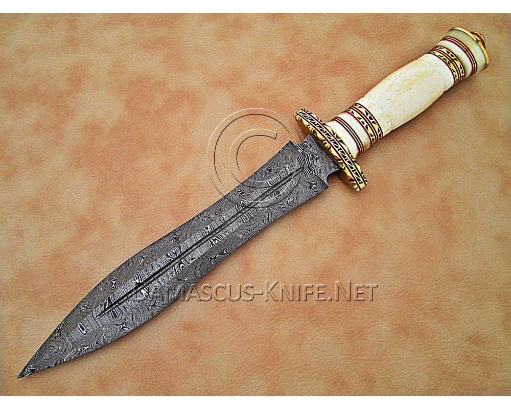Personalized Handmade Damascus Steel Arts and Crafts Hunting and Survival Dagger Knife Bone Handle - DHK890