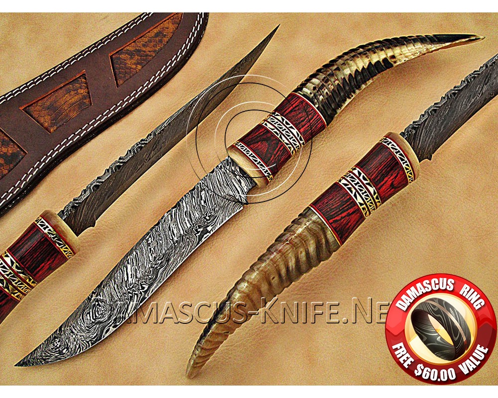Personalized Handmade Damascus Steel Hunting and Survival Arts and Crafts Bowie Knife Ram Horn Handle - DHK891