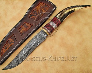 Personalized Handmade Damascus Steel Hunting and Survival Arts and Crafts Bowie Knife Ram Horn Handle - DHK891