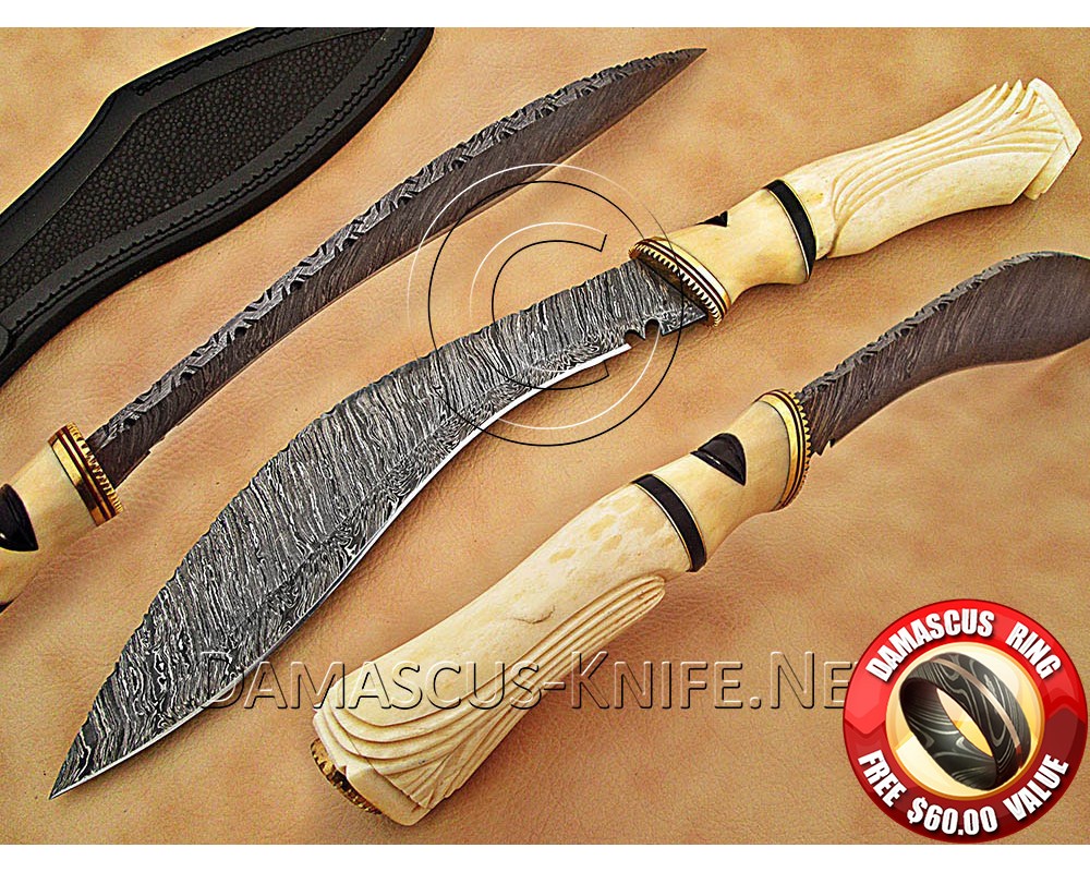 Personalized Handmade Damascus Steel Arts and Crafts Hunting and Survival Kukri Knife Bone Handle - DHK900
