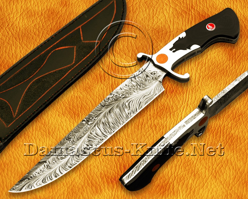 Personalized Handmade Damascus Steel Hunting and Survival Bowie Craft Knife Wolf Crafting G10 Micarta Handle - DHK964