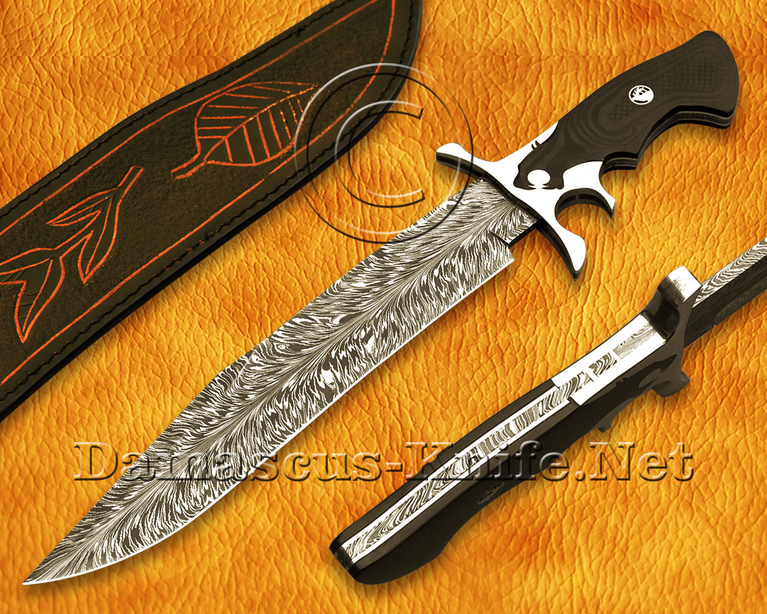 Personalized Handmade Damascus Steel Hunting and Survival Bowie Craft Knife Lion Crafting Handle