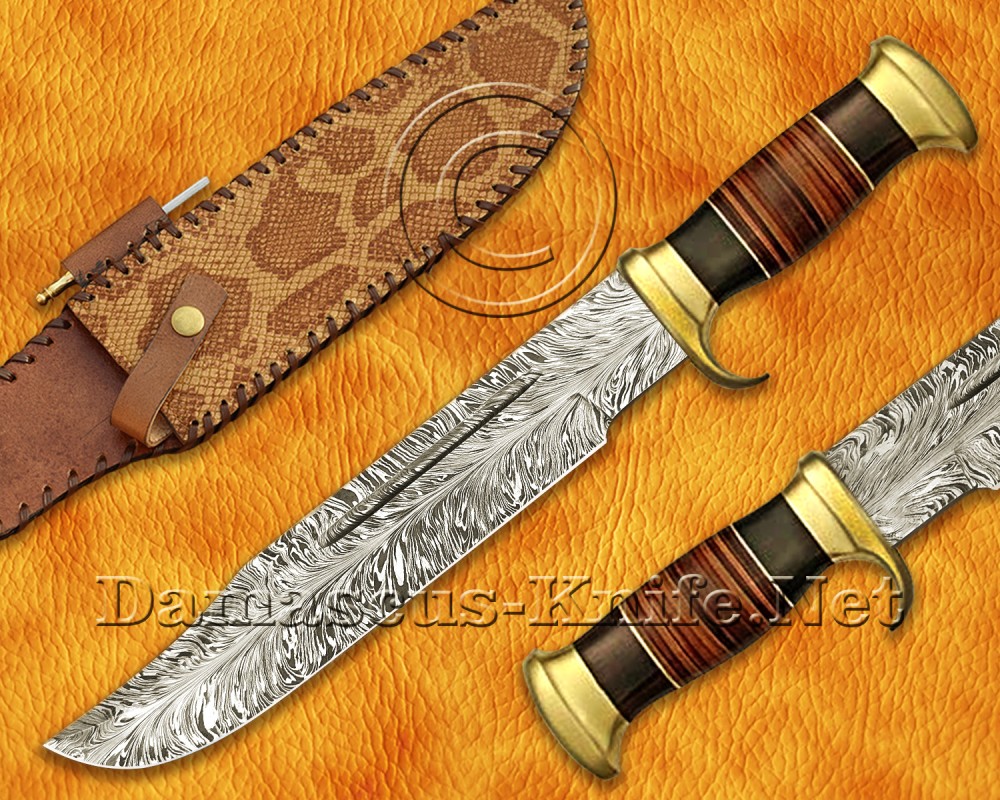 Custom Handmade Damascus Steel Outback Bowie Knife - Leather Handle - DHK975