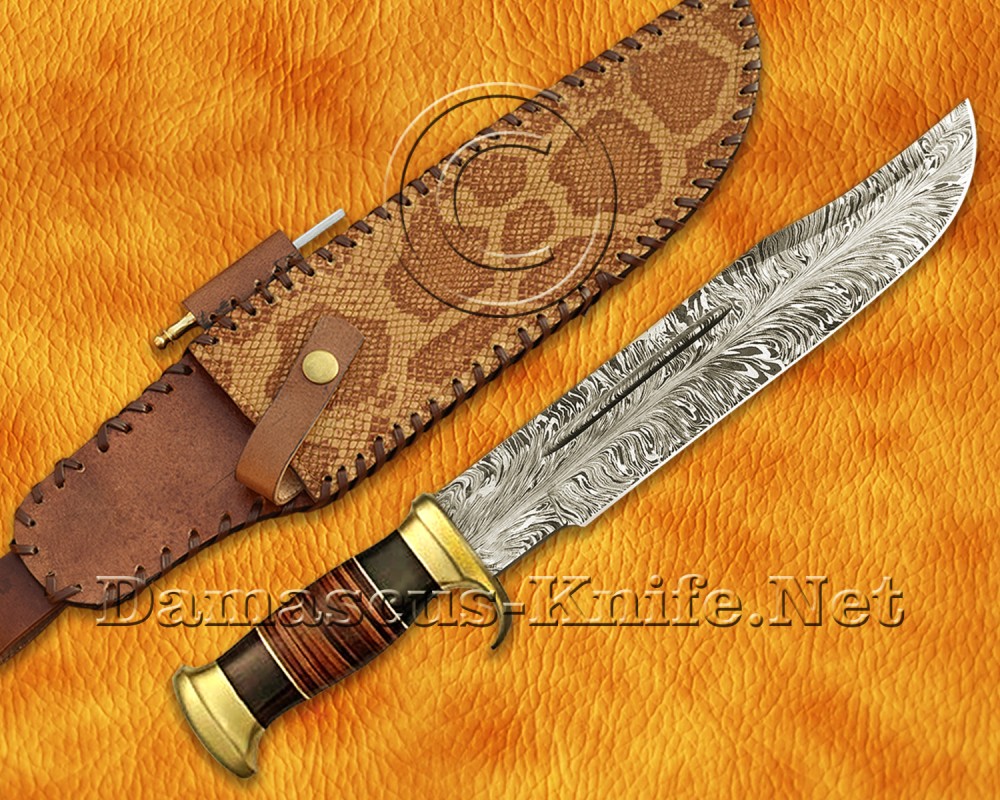 Personalized Handmade Damascus Steel Arts and Crafts Hunting and Survival Crocodile Dundee  Bowie Outback Knife Leather Handle - DHK975