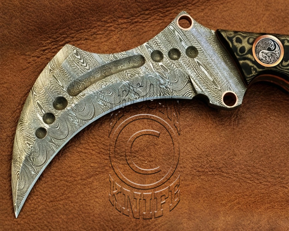 Custom Handmade Damascus Steel Arts and Crafts Hunting and Survival Karambit Knife - G10 Micarta Glassy Handle - DHK723