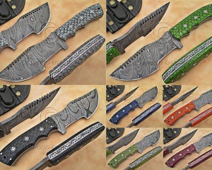 Lot of 7 Custom Handmade Damascus Steel Tracker Knives - Multi-Color G10 - TK1001