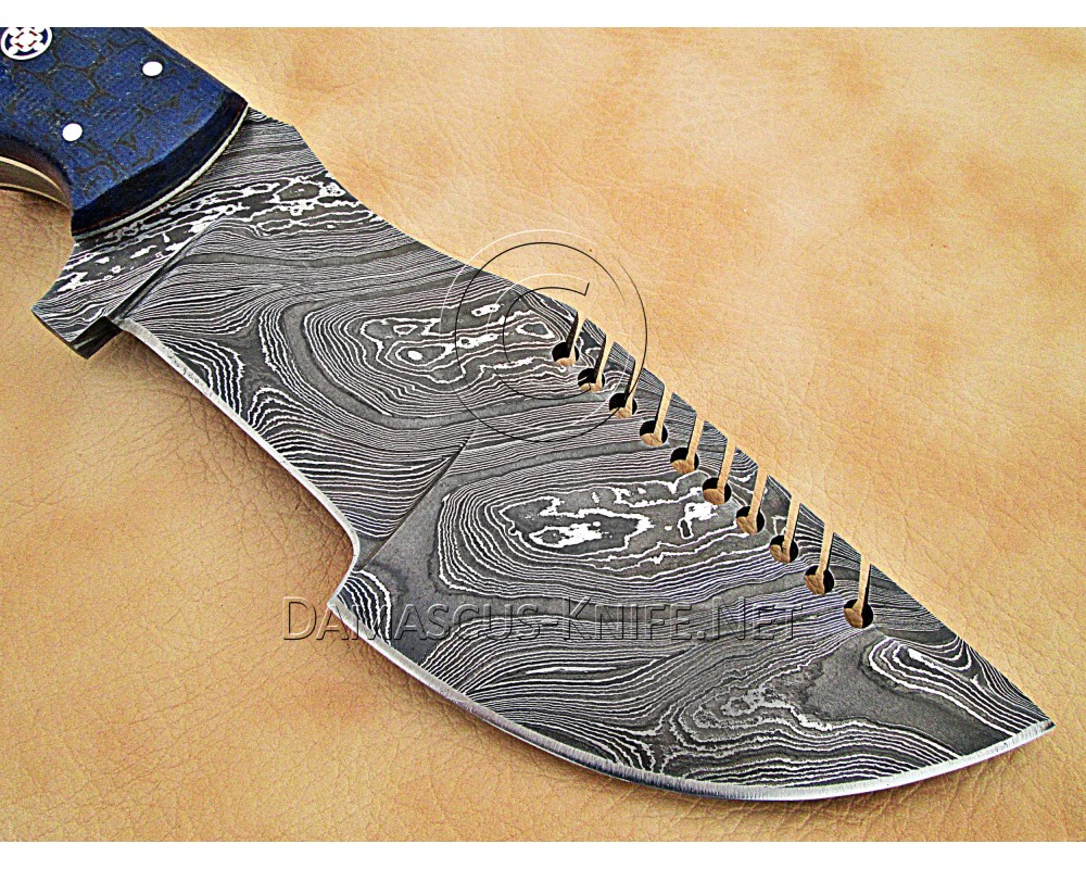 Custom Handmade Damascus Steel Outdoor Tracker Knife - Blue G10 - TK1002