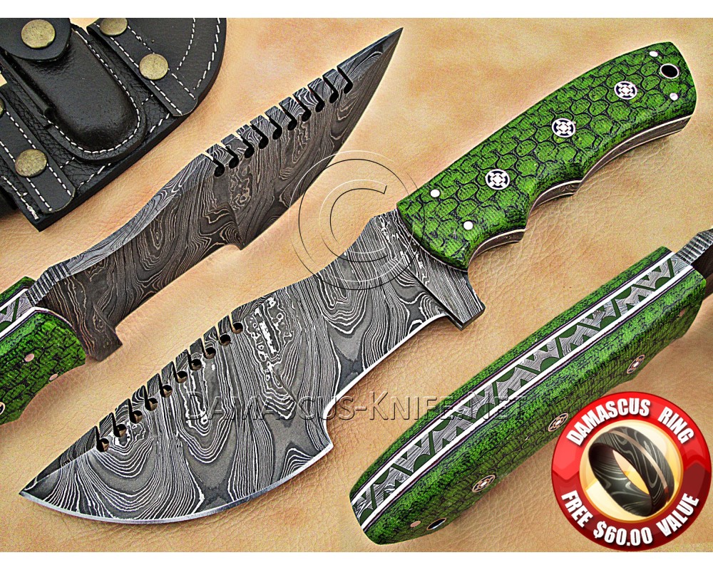 Custom Handmade Damascus Steel Outdoor Tracker Knife - Green G10 - TK1003