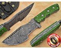 Custom Handmade Damascus Steel Outdoor Tracker Knife - Green G10 - TK1003