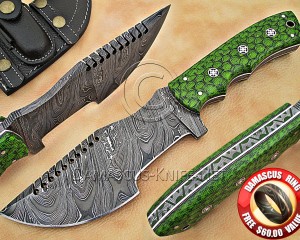 Custom Handmade Damascus Steel Outdoor Tracker Knife - Green G10 - TK1003