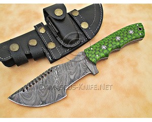 Custom Handmade Damascus Steel Outdoor Tracker Knife - Green G10 - TK1003